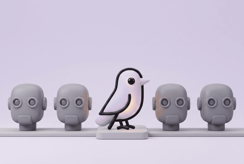 Storebird is not a generic chatbot — the Storebird mascot lighting up in a line-up of grey generic robots