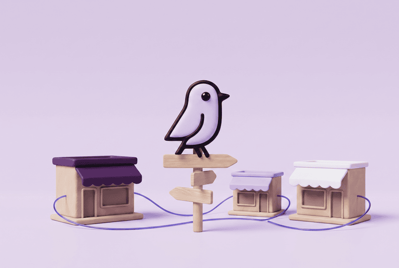 Storebird multi-store for WooCommerce — the Storebird mascot tending several shops that all feed into one inbox