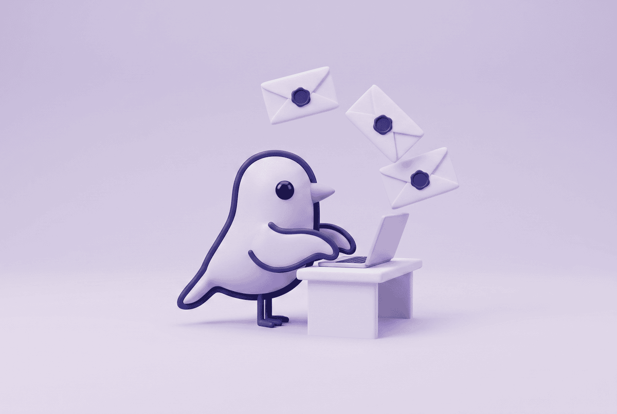 Storebird AI email for WooCommerce — the Storebird mascot working through a stack of customer emails at a laptop