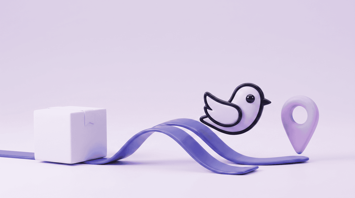 Storebird order tracking for WooCommerce — the Storebird mascot riding a shipping route from a parcel to a delivery location pin